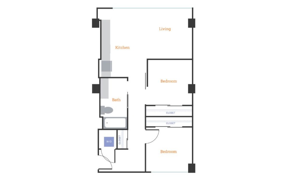 Two Bedroom One Bath A - 2 bedroom floorplan layout with 1 bathroom and 838 - 874 square feet