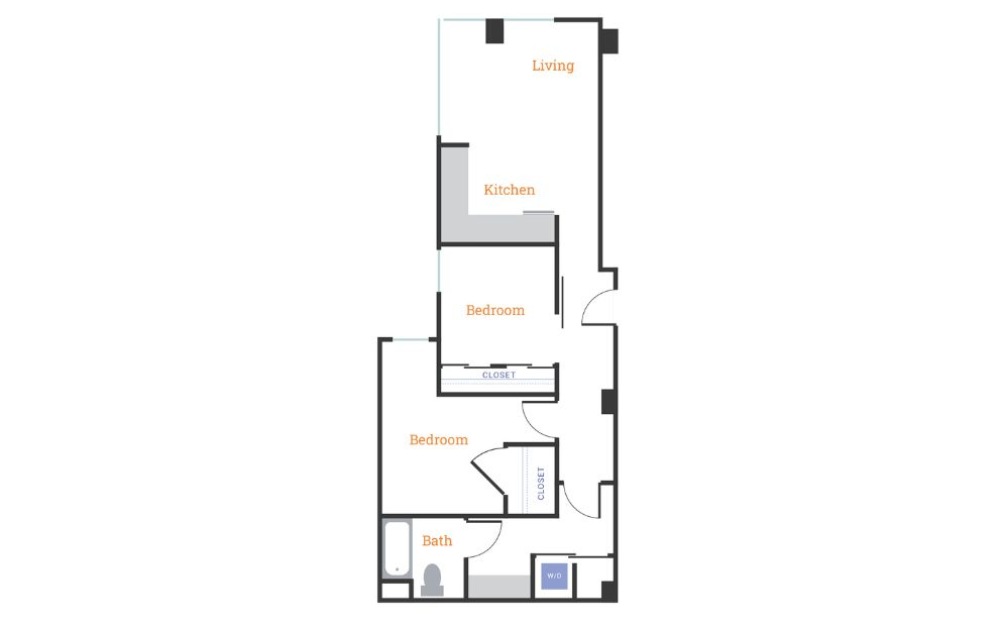 Two Bedroom One Bath B - 2 bedroom floorplan layout with 1 bathroom and 835 square feet