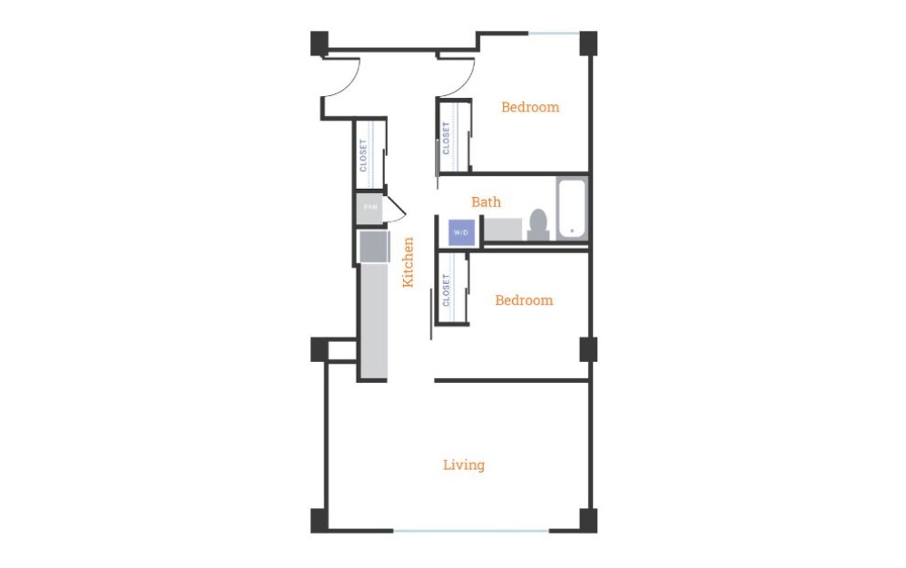 Two Bedroom One Bath C - 2 bedroom floorplan layout with 1 bath and 852 to 852 square feet.