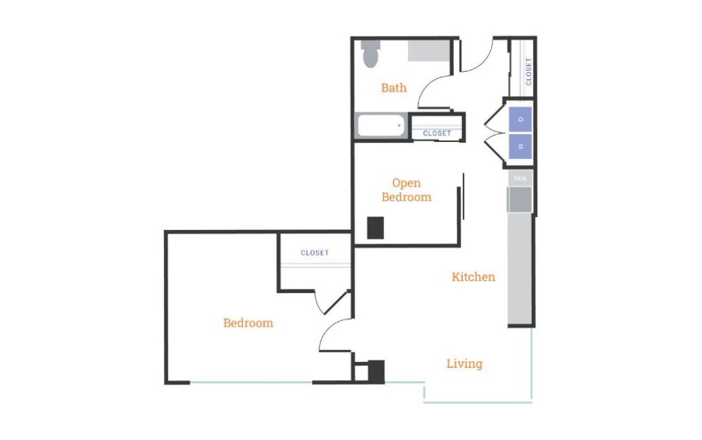 Two Bedroom One Bath D - 2 bedroom floorplan layout with 1 bathroom and 897 square feet