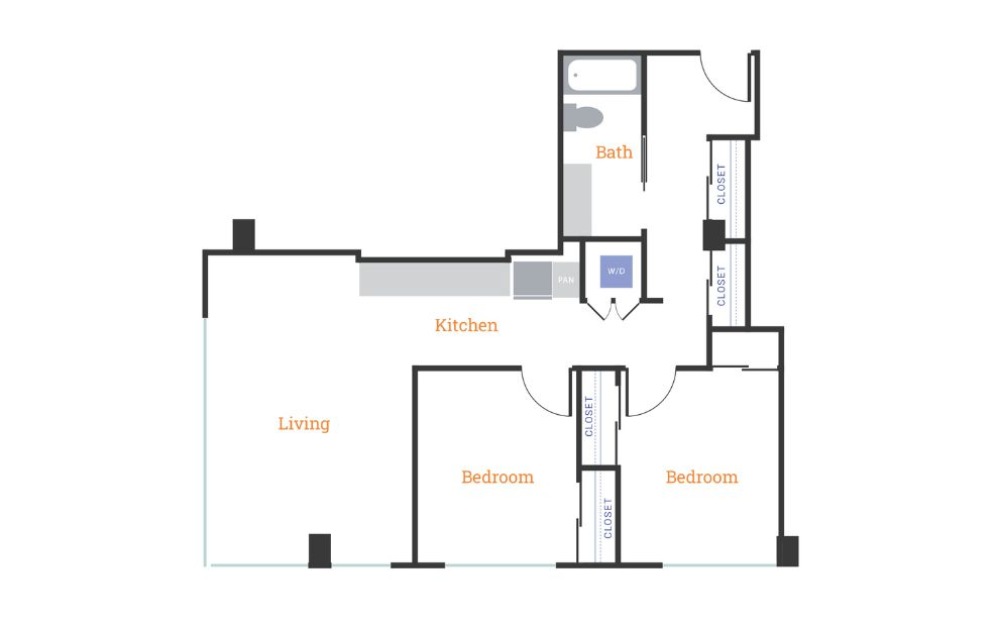 Two Bedroom One Bath E - 2 bedroom floorplan layout with 1 bathroom and 934 square feet