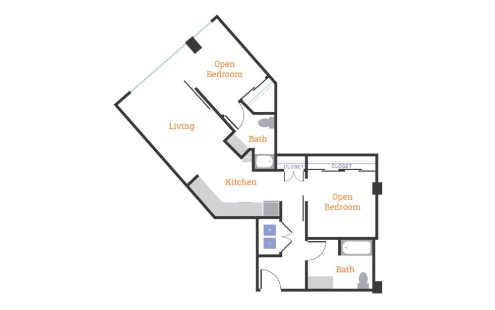 Two Bedroom Two Bath A - 2 bedroom floorplan layout with 2 bathrooms and 940 square feet