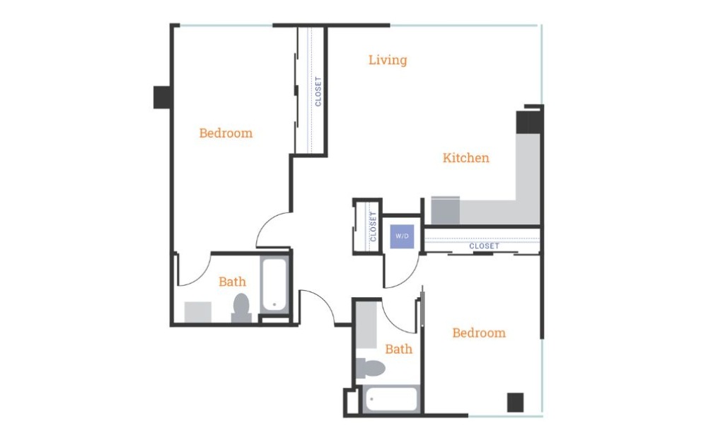 Two Bedroom Two Bath B - 2 bedroom floorplan layout with 2 bathrooms and 1049 square feet