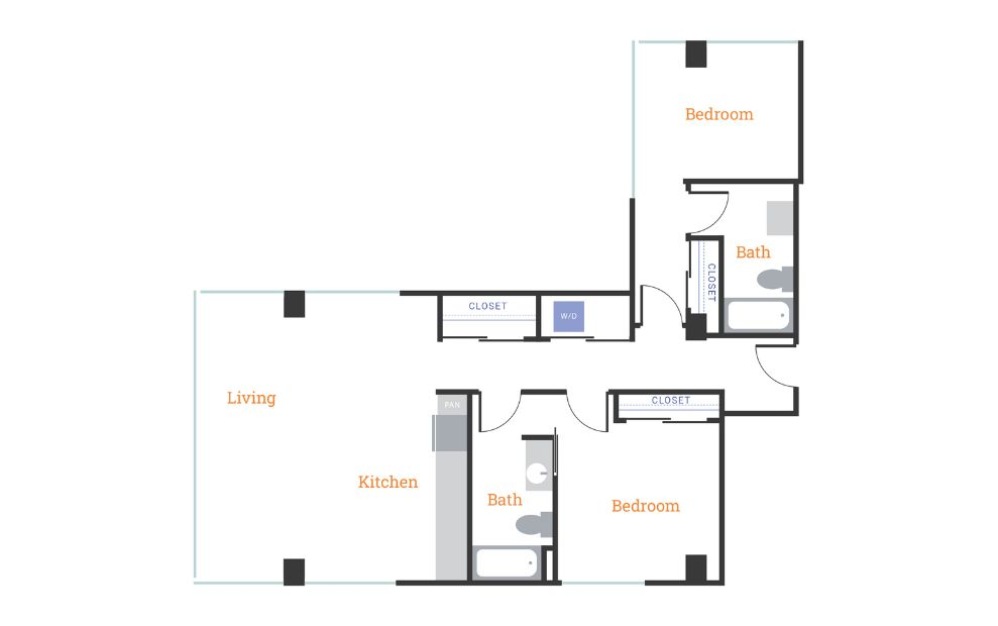 Two Bedroom Two Bath C - 2 bedroom floorplan layout with 2 bathrooms and 1226 square feet