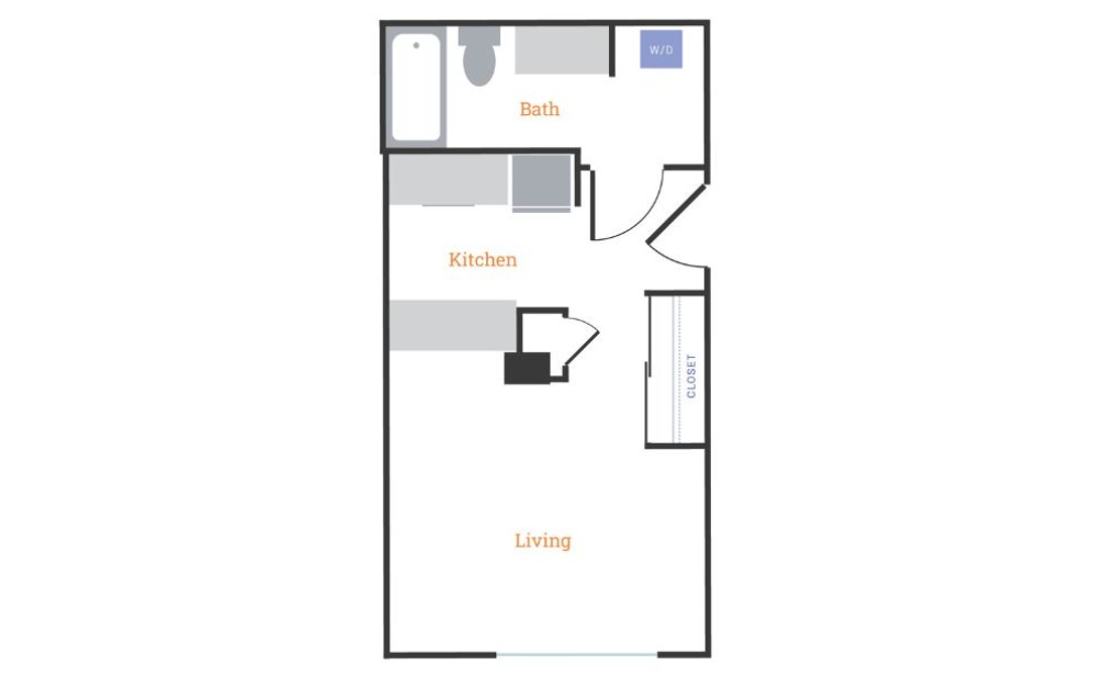 Studio A - Studio floorplan layout with 1 bathroom and 395 - 398 square feet