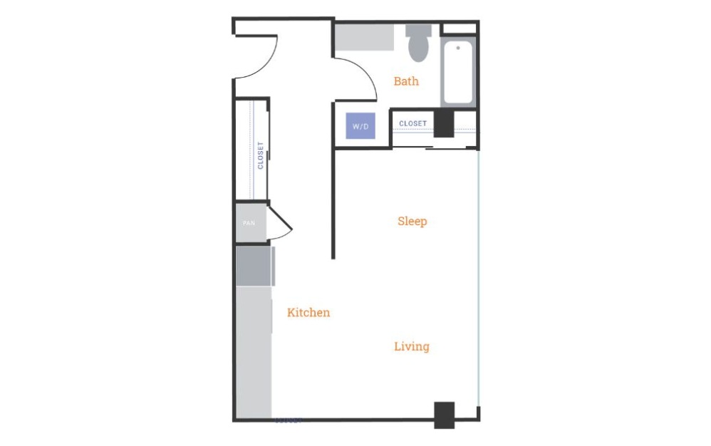 Studio D - Studio floorplan layout with 1 bathroom and 471 - 504 square feet