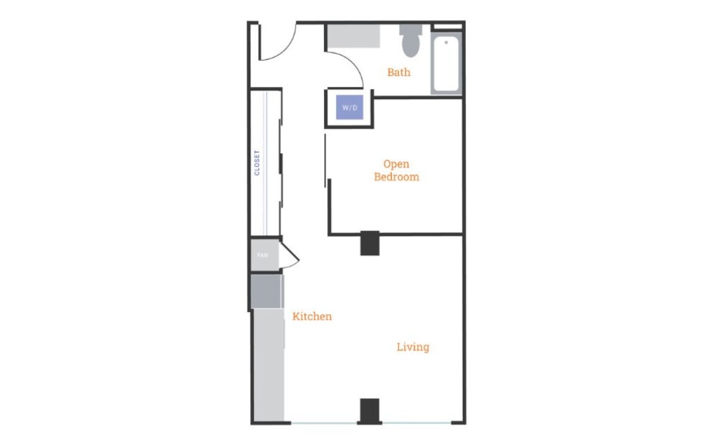 Urban 1 Bedroom A - 1 bedroom floorplan layout with 1 bathroom and 568 - 610 square feet