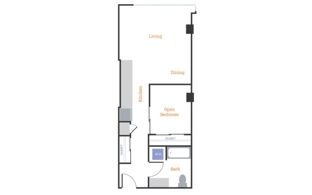 Urban 1 Bedroom C - 1 bedroom floorplan layout with 1 bathroom and 651 - 665 square feet