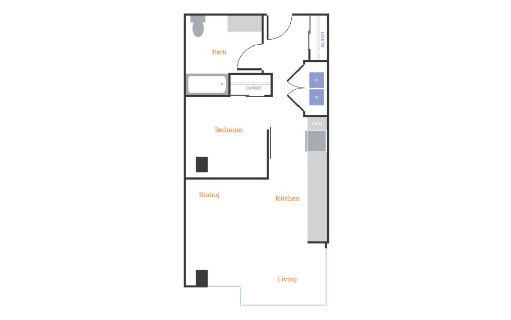 Urban 1 Bedroom F - 1 bedroom floorplan layout with 1 bathroom and 690 square feet