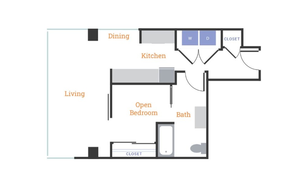 Urban 1 Bedroom J - 1 bedroom floorplan layout with 1 bathroom and 626 - 627 square feet