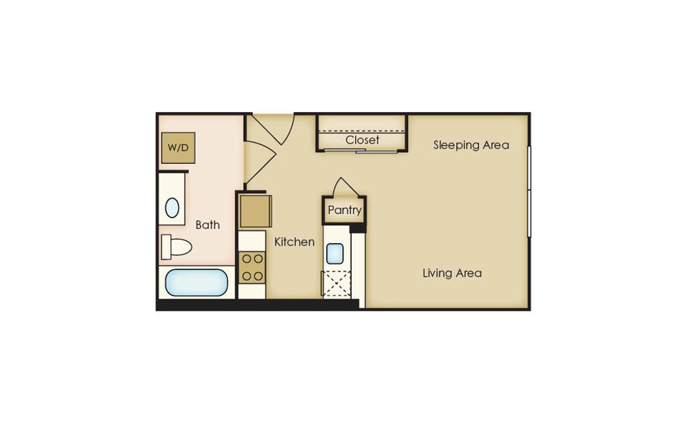 01.1 - Studio floorplan layout with 1 bath and 471 square feet.