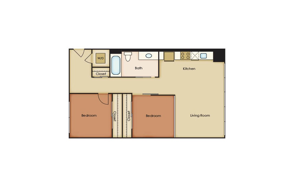 B1.1 - 2 bedroom floorplan layout with 1 bath and 838 square feet.