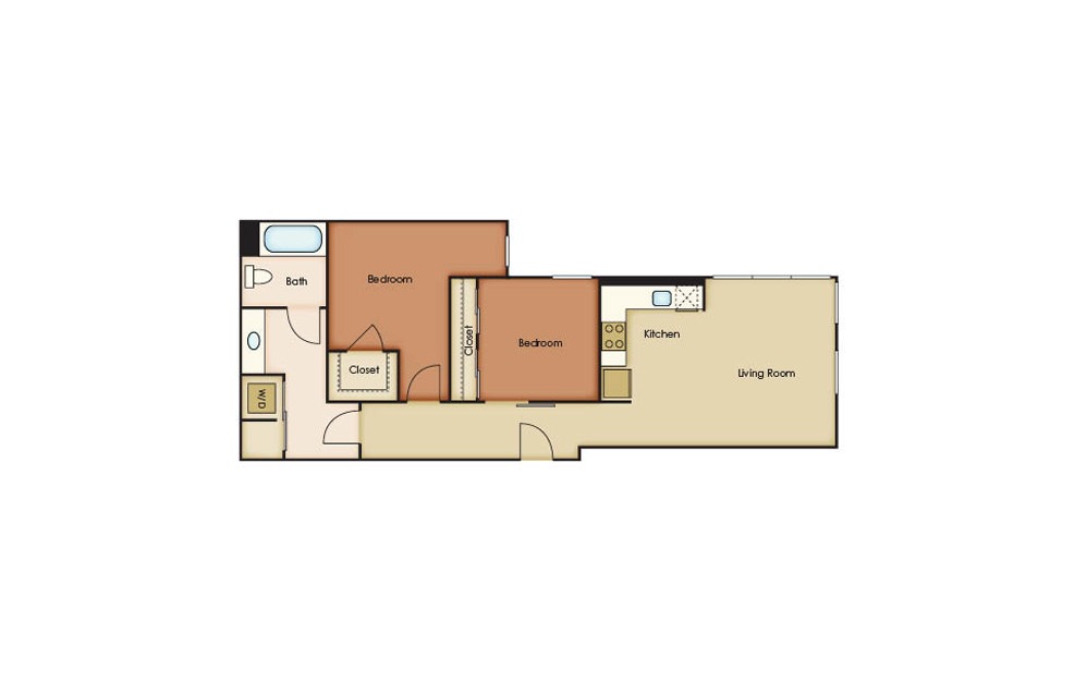 B2.1 - 2 bedroom floorplan layout with 1 bath and 835 square feet.