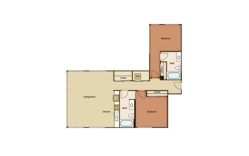 Penthouse 2 - 2 bedroom floorplan layout with 2 baths and 1226 square feet.