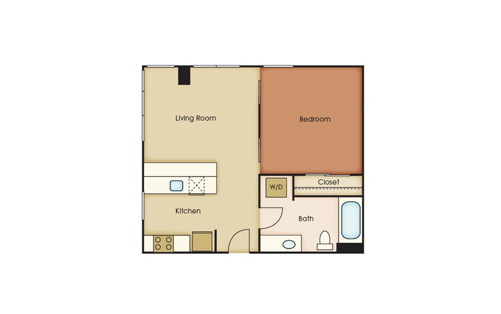 T2.1 - 1 bedroom floorplan layout with 1 bath and 591 square feet.